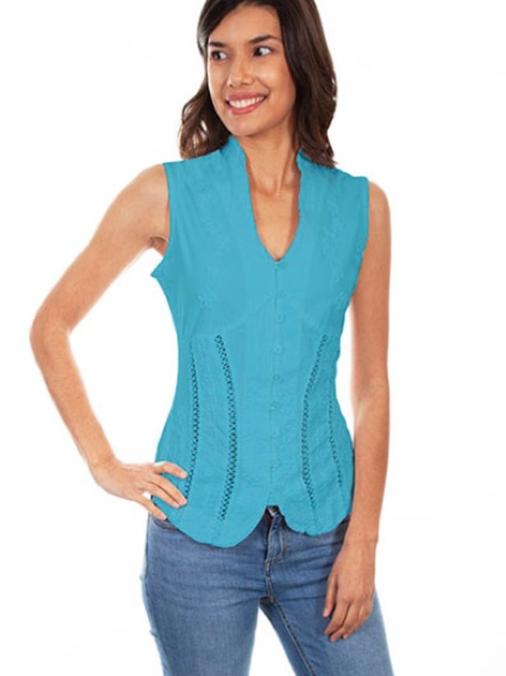 Scully Turquoise Peruvian Cotton Soutache Floral Crochet Sleeveless Blouse L